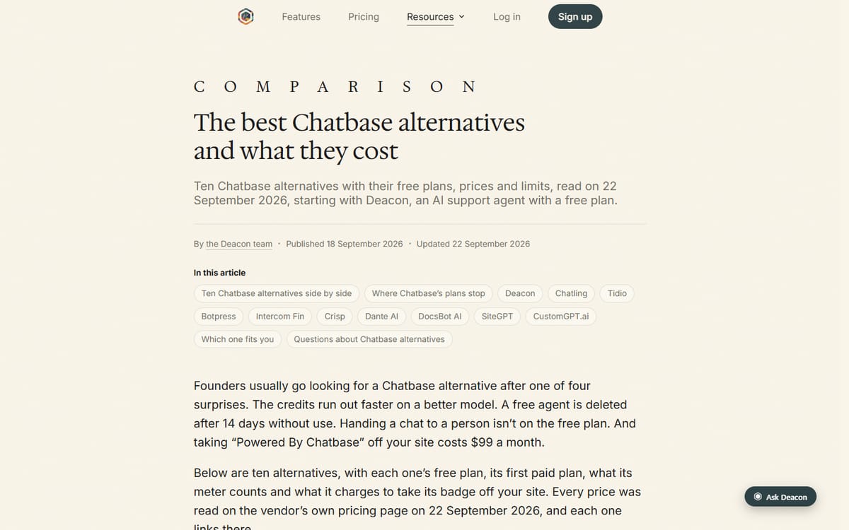 Страница сравнения альтернатив Chatbase на сайте HeyDeacon