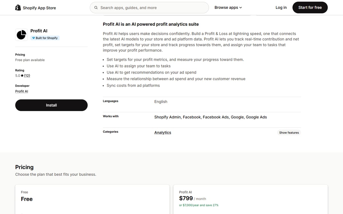 Описание возможностей Profit AI в Shopify App Store