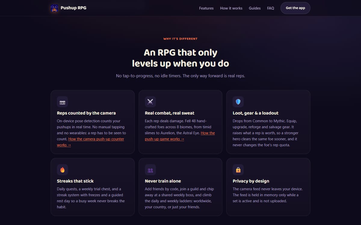 Блок с возможностями приложения Pushup RPG на официальном сайте