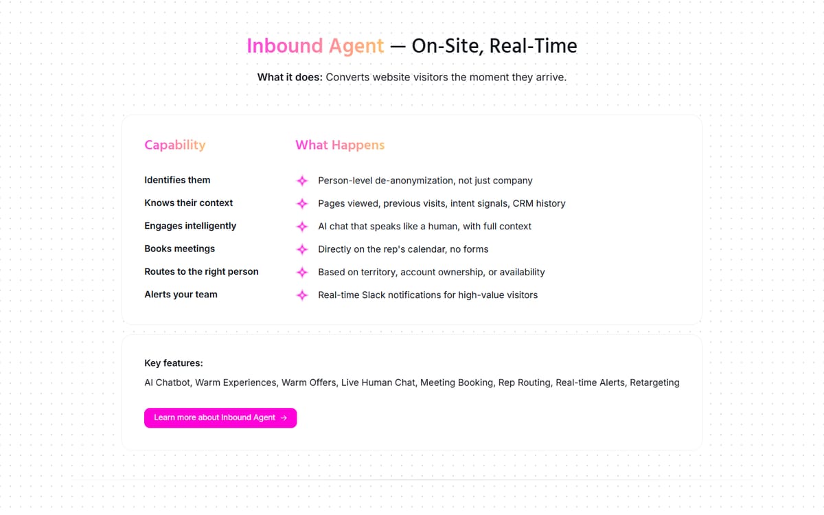 Описание Inbound-агента на странице «Как работает Warmly»