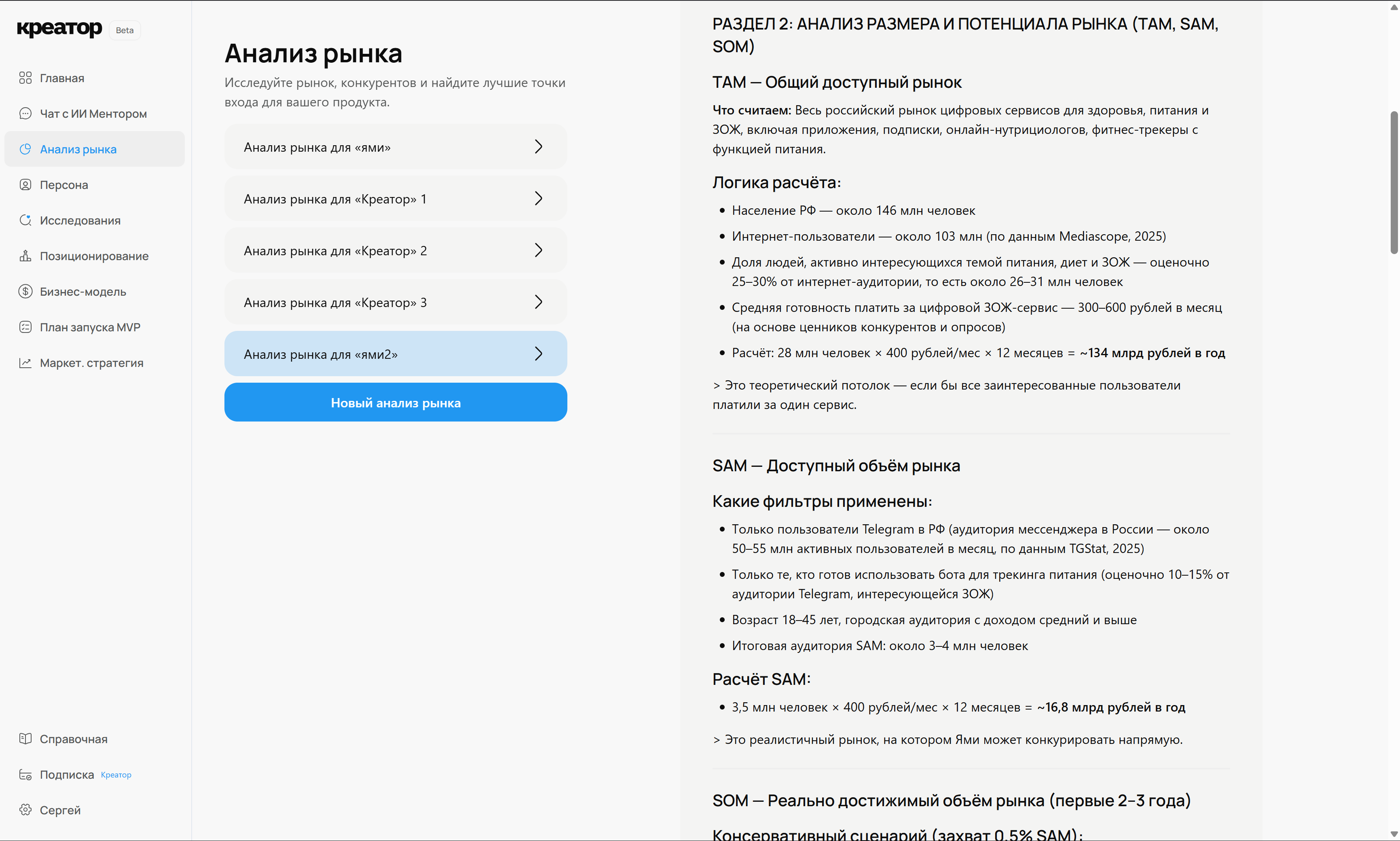 Анализ рынка в Креаторе